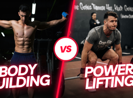 Bodybuilding versus powerlifting comparison showing lean muscular bodybuilder posing on left and powerlifter performing heavy deadlift on right with red VS symbol between them
