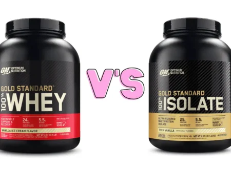 Whey Protein vs Isolate comparison showing Optimum Nutrition Gold Standard Whey and Gold Standard Isolate protein tubs side by side
