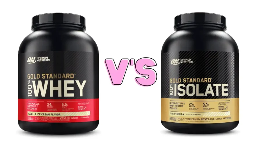 Whey Protein vs Isolate comparison showing Optimum Nutrition Gold Standard Whey and Gold Standard Isolate protein tubs side by side