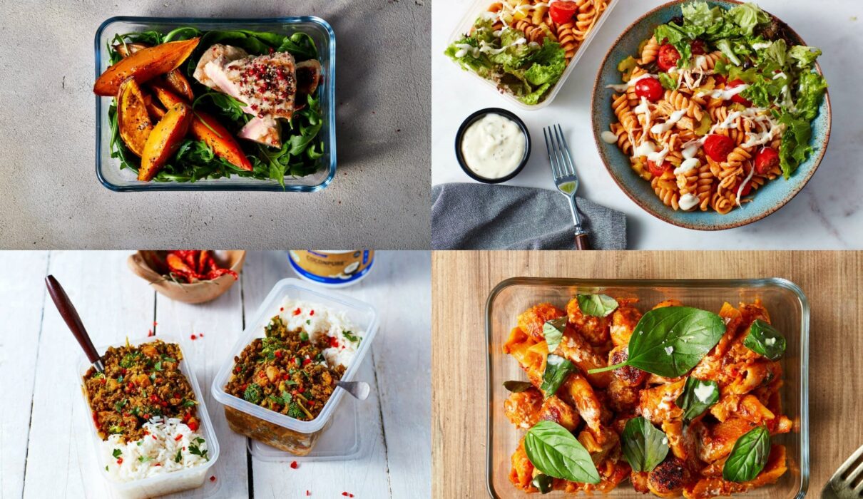 Bodybuilding meal prep containers with chicken, pasta, turkey, and vegetables showing budget-friendly meal prep examples