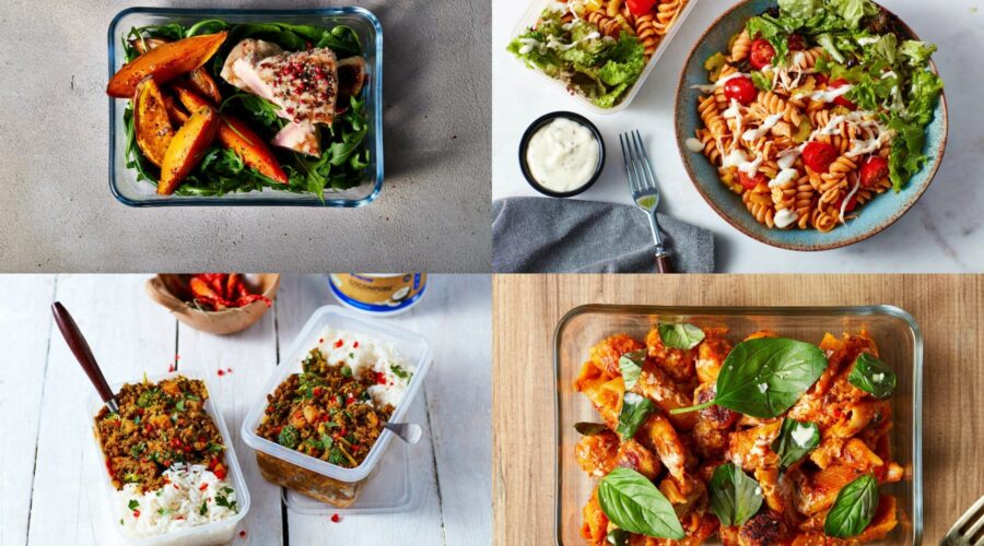 Bodybuilding meal prep containers with chicken, pasta, turkey, and vegetables showing budget-friendly meal prep examples